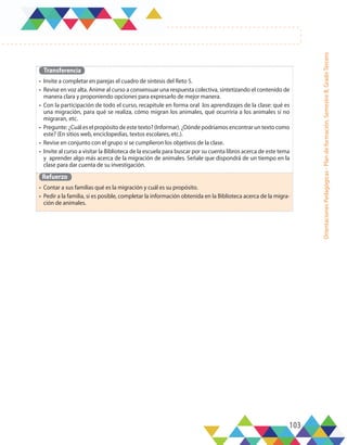 103
Orientaciones
Pedagógicas
-
Plan
de
formación,
Semestre
B,
Grado
Tercero
Transferencia
•	 Invite a completar en parejas el cuadro de síntesis del Reto 5.
•	 Revise en voz alta. Anime al curso a consensuar una respuesta colectiva, sintetizando el contenido de
manera clara y proponiendo opciones para expresarlo de mejor manera.
•	 Con la participación de todo el curso, recapitule en forma oral los aprendizajes de la clase: qué es
una migración, para qué se realiza, cómo migran los animales, qué ocurriría a los animales si no
migraran, etc.
•	 Pregunte: ¿Cuál es el propósito de este texto? (Informar). ¿Dónde podríamos encontrar un texto como
este? (En sitios web, enciclopedias, textos escolares, etc.).
•	 Revise en conjunto con el grupo si se cumplieron los objetivos de la clase.
•	 Invite al curso a visitar la Biblioteca de la escuela para buscar por su cuenta libros acerca de este tema
y aprender algo más acerca de la migración de animales. Señale que dispondrá de un tiempo en la
clase para dar cuenta de su investigación.
Refuerzo
•	 Contar a sus familias qué es la migración y cuál es su propósito.
•	 Pedir a la familia, si es posible, completar la información obtenida en la Biblioteca acerca de la migra-
ción de animales.
 