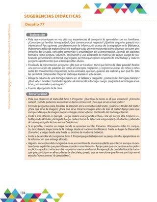 104
SUGERENCIAS DIDÁCTICAS
Orientaciones
Pedagógicas
-
Plan
de
formación,
Semestre
B,
Grado
Tercero
Exploración
•	 Pida que comuniquen en voz alta sus experiencias al compartir lo aprendido con sus familiares.
¿Conocían sus familias la migración? ¿Qué comentaron al respecto? ¿Qué fue lo que les pareció más
interesante? Para quienes complementaron la información acerca de la migración en la Biblioteca,
elabore una tabla de exposición oral y explique cada criterio mostrando cómo alcanzar un buen des-
empeño. En la tabla, considere contenido y organización de la presentación, además de aspectos
formales como postura, volumen, entonación y uso adecuado de material de apoyo. Luego de rea-
lizada la presentación del tema investigado, permita que opinen respecto de este trabajo y realicen
preguntas pertinentes que aclaren posibles dudas.
•	 Finalizada la presentación, pregunte: ¿De qué se trataba el texto que leímos la clase pasada? Realice
una constelación de palabras en torno al concepto migración, y registre las ideas de niños y niñas
sobre los movimientos migratorios de los animales, qué son, quiénes los realizan y con qué fin. Esto
les permitirá comprender mejor el texto que leerán en esta sesión.
•	 Dibuje la silueta de una tortuga marina en el tablero y pregunte: ¿Conocen las tortugas marinas?
¿Qué saben de ellas? Escriba los aportes al interior de la tortuga. Luego, pregunte: Las tortugas acuá-
ticas, ¿son animales que migran?
•	 Cuente el propósito de la clase.
Estructuración
•	 Pida que observen el texto del Reto 1. Pregunte: ¿Qué tipo de texto es el que leeremos? ¿Cómo lo
saben? ¿Dónde podemos encontrar un texto como este? ¿Para qué sirven estos textos?
•	 Formule preguntas para focalizar la atención en la estructura del texto: ¿Cuál es el titular del texto?
¿Para qué sirve la imagen? ¿Para qué sirve mirar la imagen antes de leer el texto? Apoye para que
comprendan que la imagen puede entregar pistas sobre el contenido del texto que leerán.
•	 Invite a leer el texto en parejas. Luego, realice una segunda lectura, esta vez en voz alta. Empiece us-
ted leyendo el titular y la bajada; luego, ceda el turno de la lectura a algunos(as) estudiantes, pidiendo
al curso que siga la lectura en sus Cuadernos.
•	 Si es posible, muestre un mapa donde se aprecien las Islas Canarias. Ubiquen las islas. En conjun-
to, describan la trayectoria de la tortuga desde el nacimiento (México) hasta su lugar de Desarrollo
(Canarias) y luego desde este hasta su destino de madurez (México).
•	 Invite a desarrollar el crucigrama, Reto 2. Proponga que trabajen con su pareja de silla, apoyándose en
la información que entrega el texto.
•	 Algunos conceptos del crucigrama no se encuentran de manera explícita en el texto, aunque sí exis-
ten claves explícitas que permiten responder correctamente. Apoye para que encuentren estas pistas
explícitas que los conducen a las respuestas menos evidentes. Por ejemplo, la cantidad total de tortu-
gas que participan en el estudio es de diecisiete, puesto que se menciona que Aurora participa en el
estudio“junto a otras 16 compañeras”.
Desafío 77
 