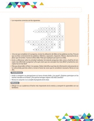 105
Orientaciones
Pedagógicas
-
Plan
de
formación,
Semestre
B,
Grado
Tercero
•	 Las respuestas correctas son las siguientes:
•	 Una vez que completen el crucigrama, revisen la utilización de tildes en las palabras escritas. Procure
que escriban correctamente las palabras: Atlántico, caparazón, migración, México. Aproveche de ex-
plicar que el nombre Aurora no lleva tilde. Pida que expliquen por qué no se tilda.
•	 Invite a reflexionar sobre la actividad realizada, formulando preguntas tales como: ¿Cuál fue el con-
cepto más difícil del crucigrama? ¿Por qué creen que ese concepto fue más difícil? ¿Cuál de los con-
ceptos fue el más fácil?
•	 Pida que desarrollen el Reto 3 en parejas. Deben identificar qué tipo de información está presente en
la noticia leída; permita volver a revisar el texto las veces que lo consideren necesario. Revise en voz
alta.
Transferencia
•	 Invite a compartir sus percepciones en torno al texto leído: ¿Les gustó? ¿Quiénes participan en los
hechos narrados en el texto? ¿Por qué las tortugas migran a las Islas Canarias?
•	 Revise en conjunto si se cumplió el propósito de la clase.
Refuerzo
•	 Dibujar en sus cuadernos el hecho más importante de la noticia y compartir lo aprendido con sus
familiares.
2
1 C
3 E S P A Ñ A A
4 J U V E N T U D P
L A
5 A U R O R A
6 C A N A R I A S
7 D I E C I S I E T E Z
8 M I G R A C I Ó N Ó
9 C I N C O N
10 M É X I C O
 