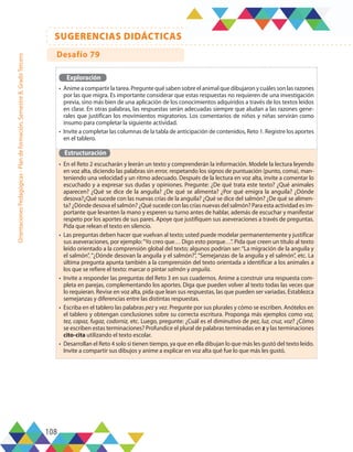 108
SUGERENCIAS DIDÁCTICAS
Orientaciones
Pedagógicas
-
Plan
de
formación,
Semestre
B,
Grado
Tercero
Exploración
•	 Anime a compartir la tarea. Pregunte qué saben sobre el animal que dibujaron y cuáles son las razones
por las que migra. Es importante considerar que estas respuestas no requieren de una investigación
previa, sino más bien de una aplicación de los conocimientos adquiridos a través de los textos leídos
en clase. En otras palabras, las respuestas serán adecuadas siempre que aludan a las razones gene-
rales que justifican los movimientos migratorios. Los comentarios de niños y niñas servirán como
insumo para completar la siguiente actividad.
•	 Invite a completar las columnas de la tabla de anticipación de contenidos, Reto 1. Registre los aportes
en el tablero.
Estructuración
•	 En el Reto 2 escucharán y leerán un texto y comprenderán la información. Modele la lectura leyendo
en voz alta, diciendo las palabras sin error, respetando los signos de puntuación (punto, coma), man-
teniendo una velocidad y un ritmo adecuado. Después de la lectura en voz alta, invite a comentar lo
escuchado y a expresar sus dudas y opiniones. Pregunte: ¿De qué trata este texto? ¿Qué animales
aparecen? ¿Qué se dice de la anguila? ¿De qué se alimenta? ¿Por qué emigra la anguila? ¿Dónde
desova?¿Qué sucede con las nuevas crías de la anguila? ¿Qué se dice del salmón? ¿De qué se alimen-
ta? ¿Dónde desova el salmón? ¿Qué sucede con las crías nuevas del salmón? Para esta actividad es im-
portante que levanten la mano y esperen su turno antes de hablar, además de escuchar y manifestar
respeto por los aportes de sus pares. Apoye que justifiquen sus aseveraciones a través de preguntas.
Pida que relean el texto en silencio.
•	 Las preguntas deben hacer que vuelvan al texto; usted puede modelar permanentemente y justificar
sus aseveraciones, por ejemplo:“Yo creo que… Digo esto porque…”. Pida que creen un título al texto
leído orientado a la comprensión global del texto; algunos podrían ser:“La migración de la anguila y
el salmón”, “¿Dónde desovan la anguila y el salmón?”, “Semejanzas de la anguila y el salmón”, etc. La
última pregunta apunta también a la comprensión del texto orientada a identificar a los animales a
los que se refiere el texto: marcar o pintar salmón y anguila.
•	 Invite a responder las preguntas del Reto 3 en sus cuadernos. Anime a construir una respuesta com-
pleta en parejas, complementando los aportes. Diga que pueden volver al texto todas las veces que
lo requieran. Revise en voz alta, pida que lean sus respuestas, las que pueden ser variadas. Establezca
semejanzas y diferencias entre las distintas respuestas.
•	 Escriba en el tablero las palabras pez y vez. Pregunte por sus plurales y cómo se escriben. Anótelos en
el tablero y obtengan conclusiones sobre su correcta escritura. Proponga más ejemplos como voz,
tez, capaz, fugaz, codorniz, etc. Luego, pregunte: ¿Cuál es el diminutivo de pez, luz, cruz, voz? ¿Cómo
se escriben estas terminaciones? Profundice el plural de palabras terminadas en z y las terminaciones
cito-cita utilizando el texto escolar.
•	 Desarrollan el Reto 4 solo si tienen tiempo, ya que en ella dibujan lo que más les gustó del texto leído.
Invite a compartir sus dibujos y anime a explicar en voz alta qué fue lo que más les gustó.
Desafío 79
 