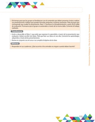113
Orientaciones
Pedagógicas
-
Plan
de
formación,
Semestre
B,
Grado
Tercero
•	 Dé tiempo para que los grupos se familiaricen con el contenido que deben presentar. Invite a realizar
sus presentaciones. Indique que pueden formular preguntas a quienes presentan. Pida al grupo que
corresponde que evalúe la presentación, Reto 2. Favorezca la retroalimentación a partir de la tabla
de evaluación. Promueva que el grupo se autoevalúe a través de la misma tabla. Comente el trabajo
realizado.
Transferencia
•	 Invite a desarrollar el Reto 3, que pide que expresen lo aprendido a través de la presentación que
evaluaron. Deben escribir tres ideas. Pida que lean sus ideas en voz alta. Comente los aprendizajes
adquiridos a través de las presentaciones.
•	 Revise en conjunto con el curso si se cumplió el objetivo de la clase.
Refuerzo
•	 Responder en sus cuadernos: ¿Qué ocurriría si los animales no migran cuando deben hacerlo?
 