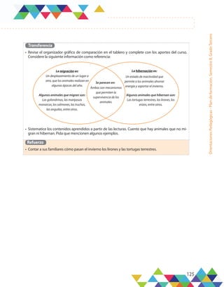 125
Orientaciones
Pedagógicas
-
Plan
de
formación,
Semestre
B,
Grado
Tercero
Transferencia
•	 Revise el organizador gráfico de comparación en el tablero y complete con los aportes del curso.
Considere la siguiente información como referencia:
•	 Sistematice los contenidos aprendidos a partir de las lecturas. Cuente que hay animales que no mi-
gran ni hibernan. Pida que mencionen algunos ejemplos.
Refuerzo
•	 Contar a sus familiares cómo pasan el invierno los lirones y las tortugas terrestres.
La migración es:
Un desplazamiento de un lugar a
otro, que los animales realizan en
algunas épocas del año.
Algunos animales que migran son:
Las golondrinas, las mariposas
monarcas, los salmones, las truchas,
las anguilas, entre otros.
Algunos animales que hibernan son:
Las tortugas terrestres, los lirones, los
erizos, entre otros.
Un estado de inactividad que
permite a los animales ahorrar
energía y soportar el invierno.
Ambos son mecanismos
que permiten la
supervivencia de los
animales.
La hibernación es:
Se parecen en:
 