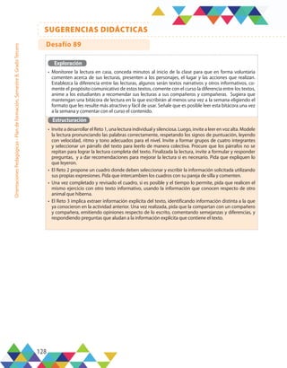 128
SUGERENCIAS DIDÁCTICAS
Orientaciones
Pedagógicas
-
Plan
de
formación,
Semestre
B,
Grado
Tercero
Exploración
•	 Monitoree la lectura en casa, conceda minutos al inicio de la clase para que en forma voluntaria
comenten acerca de sus lecturas, presenten a los personajes, el lugar y las acciones que realizan.
Establezca la diferencia entre las lecturas, algunos serán textos narrativos y otros informativos, co-
mente el propósito comunicativo de estos textos, comente con el curso la diferencia entre los textos,
anime a los estudiantes a recomendar sus lecturas a sus compañeros y compañeras. Sugiera que
mantengan una bitácora de lectura en la que escribirán al menos una vez a la semana eligiendo el
formato que les resulte más atractivo y fácil de usar. Señale que es posible leer esta bitácora una vez
a la semana y comentar con el curso el contenido.
Estructuración
•	 Invite a desarrollar el Reto 1, una lectura individual y silenciosa. Luego, invite a leer en voz alta. Modele
la lectura pronunciando las palabras correctamente, respetando los signos de puntuación, leyendo
con velocidad, ritmo y tono adecuados para el nivel. Invite a formar grupos de cuatro integrantes
y seleccionar un párrafo del texto para leerlo de manera colectiva. Procure que los párrafos no se
repitan para lograr la lectura completa del texto. Finalizada la lectura, invite a formular y responder
preguntas, y a dar recomendaciones para mejorar la lectura si es necesario. Pida que expliquen lo
que leyeron.
•	 El Reto 2 propone un cuadro donde deben seleccionar y escribir la información solicitada utilizando
sus propias expresiones. Pida que intercambien los cuadros con su pareja de silla y comenten.
•	 Una vez completado y revisado el cuadro, si es posible y el tiempo lo permite, pida que realicen el
mismo ejercicio con otro texto informativo, usando la información que conocen respecto de otro
animal que hiberna.
•	 El Reto 3 implica extraer información explícita del texto, identificando información distinta a la que
ya conocieron en la actividad anterior. Una vez realizada, pida que la compartan con un compañero
y compañera, emitiendo opiniones respecto de lo escrito, comentando semejanzas y diferencias, y
respondiendo preguntas que aludan a la información explícita que contiene el texto.
Desafío 89
 