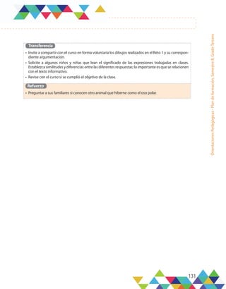 131
Orientaciones
Pedagógicas
-
Plan
de
formación,
Semestre
B,
Grado
Tercero
Transferencia
•	 Invite a compartir con el curso en forma voluntaria los dibujos realizados en el Reto 1 y su correspon-
diente argumentación.
•	 Solicite a algunos niños y niñas que lean el significado de las expresiones trabajadas en clases.
Establezca similitudes y diferencias entre las diferentes respuestas; lo importante es que se relacionen
con el texto informativo.
•	 Revise con el curso si se cumplió el objetivo de la clase.
Refuerzo
•	 Preguntar a sus familiares si conocen otro animal que hiberne como el oso polar.
 