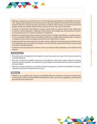 27
Orientaciones
Pedagógicas
-
Plan
de
formación,
Semestre
B,
Grado
Tercero
•	 Pida que se organicen en grupos de tres o cuatro integrantes para planificar y desarrollar la presenta-
ción. Sugiera que produzcan un texto breve que les permita organizar la disertación: primero la pre-
sentación del tema, después las ideas que desean compartir sobre el tema, y la importancia del tema
elegido. Señale que pueden releer los textos sobre el tema las veces que lo necesiten.
•	 Comente la importancia del trabajo en equipo, donde todos los aportes tienen valor: algunos(as)
escribirán, otros(as) dibujarán o realizarán la presentación oral. Indique que lo importante es consen-
suar la presentación con el aporte de todos los integrantes.
•	 Proporcione materiales que les permitan presentar mejor su trabajo: hojas blancas, cartulinas, plumo-
nes. Si es posible, también ofrezca materiales sencillos de consulta desde donde puedan enriquecer
su trabajo: de sitios web (consultados previamente por usted), libros, revistas.
•	 Señale que el tiempo de presentación son diez minutos. Organice las presentaciones de tal forma que
sean ordenadas, que se escuchen con respeto y sin interrupciones, que la presentación sea clara y que
se respete el tiempo asignado.
•	 Al término de las presentaciones valoren con el curso tanto las ideas planteadas, como las formas de
exponer.
Transferencia
•	 Recuerde cuál es el propósito de la infografía: mostrar las acciones con que el ser humano contamina
su medioambiente.
•	 Pida que visualicen las posibles soluciones y qué debemos hacer para cuidar el planeta. Conceda
espacios para que expresen sus opiniones y las justifiquen mencionando la información extraída de
los textos leídos.
•	 Pida que en grupo comenten y respondan la siguiente pregunta: ¿Cuál fue el aprendizaje más impor-
tante de esta semana? Comparten con el curso.
Refuerzo
•	 Realizar en sus cuadernos de Lenguaje una infografía diferente a la leída en la clase, con indicaciones
correctas para cuidar el medioambiente (habitaciones vacías con las luces apagadas) y textos breves
que describan las indicaciones.
 