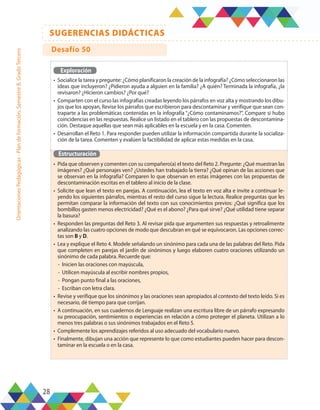 28
SUGERENCIAS DIDÁCTICAS
Orientaciones
Pedagógicas
-
Plan
de
formación,
Semestre
B,
Grado
Tercero
Exploración
•	 Socialice la tarea y pregunte: ¿Cómo planificaron la creación de la infografía? ¿Cómo seleccionaron las
ideas que incluyeron? ¿Pidieron ayuda a alguien en la familia? ¿A quién? Terminada la infografía, ¿la
revisaron? ¿Hicieron cambios? ¿Por qué?
•	 Comparten con el curso las infografías creadas leyendo los párrafos en voz alta y mostrando los dibu-
jos que los apoyan, Revise los párrafos que escribieron para descontaminar y verifique que sean con-
traparte a las problemáticas contenidas en la infografía “¿Cómo contaminamos?”. Compare si hubo
coincidencias en las respuestas. Realice un listado en el tablero con las propuestas de descontamina-
ción. Destaque aquellas que sean más aplicables en la escuela y en la casa. Comenten.
•	 Desarrollan el Reto 1. Para responder pueden utilizar la información compartida durante la socializa-
ción de la tarea. Comenten y evalúen la factibilidad de aplicar estas medidas en la casa.
Estructuración
•	 Pida que observen y comenten con su compañero(a) el texto del Reto 2. Pregunte: ¿Qué muestran las
imágenes? ¿Qué personajes ven? ¿Ustedes han trabajado la tierra? ¿Qué opinan de las acciones que
se observan en la infografía? Comparen lo que observan en estas imágenes con las propuestas de
descontaminación escritas en el tablero al inicio de la clase.
•	 Solicite que lean el texto en parejas. A continuación, lea el texto en voz alta e invite a continuar le-
yendo los siguientes párrafos, mientras el resto del curso sigue la lectura. Realice preguntas que les
permitan comparar la información del texto con sus conocimientos previos: ¿Qué significa que los
bombillos gasten menos electricidad? ¿Qué es el abono? ¿Para qué sirve? ¿Qué utilidad tiene separar
la basura?
•	 Responden las preguntas del Reto 3. Al revisar pida que argumenten sus respuestas y retroalimente
analizando las cuatro opciones de modo que descubran en qué se equivocaron. Las opciones correc-
tas son B y D.
•	 Lea y explique el Reto 4. Modele señalando un sinónimo para cada una de las palabras del Reto. Pida
que completen en parejas el jardín de sinónimos y luego elaboren cuatro oraciones utilizando un
sinónimo de cada palabra. Recuerde que:
-	 Inicien las oraciones con mayúscula,
-	 Utilicen mayúscula al escribir nombres propios,
-	 Pongan punto final a las oraciones,
-	 Escriban con letra clara.
•	 Revise y verifique que los sinónimos y las oraciones sean apropiados al contexto del texto leído. Si es
necesario, dé tiempo para que corrijan.
•	 A continuación, en sus cuadernos de Lenguaje realizan una escritura libre de un párrafo expresando
su preocupación, sentimientos o experiencias en relación a cómo proteger el planeta. Utilizan a lo
menos tres palabras o sus sinónimos trabajados en el Reto 5.
•	 Complemente los aprendizajes referidos al uso adecuado del vocabulario nuevo.
•	 Finalmente, dibujan una acción que represente lo que como estudiantes pueden hacer para descon-
taminar en la escuela o en la casa.
Desafío 50
 