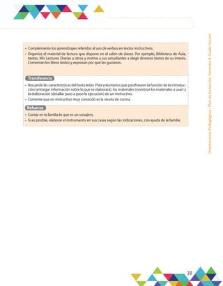 39
Orientaciones
Pedagógicas
-
Plan
de
formación,
Semestre
B,
Grado
Tercero
•	 Complemente los aprendizajes referidos al uso de verbos en textos instructivos.
•	 Organice el material de lectura que dispone en el salón de clases. Por ejemplo, Biblioteca de Aula,
textos, Mis Lecturas Diarias u otros y motive a sus estudiantes a elegir diversos textos de su interés.
Comentan los libros leídos y expresan por qué les gustaron.
Transferencia
•	 Recuerde las características del texto leído. Pida voluntarios que parafraseen la función de la introduc-
ción (entregar información sobre lo que se elaborará), los materiales (nombrar los materiales a usar) y
la elaboración (detallar paso a paso la ejecución) de un instructivo.
•	 Comente que un instructivo muy conocido es la receta de cocina.
Refuerzo
•	 Contar en la familia lo que es un sonajero.
•	 Si es posible, elaborar el instrumento en sus casas según las indicaciones, con ayuda de la familia.
 