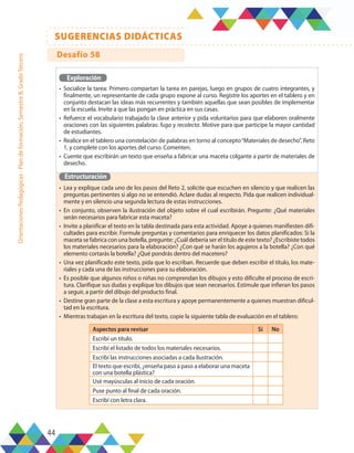 44
SUGERENCIAS DIDÁCTICAS
Orientaciones
Pedagógicas
-
Plan
de
formación,
Semestre
B,
Grado
Tercero
Exploración
•	 Socialice la tarea: Primero compartan la tarea en parejas, luego en grupos de cuatro integrantes, y
finalmente, un representante de cada grupo expone al curso. Registre los aportes en el tablero y en
conjunto destacan las ideas más recurrentes y también aquellas que sean posibles de implementar
en la escuela. Invite a que las pongan en práctica en sus casas.
•	 Refuerce el vocabulario trabajado la clase anterior y pida voluntarios para que elaboren oralmente
oraciones con las siguientes palabras: fuga y recolecta. Motive para que participe la mayor cantidad
de estudiantes.
•	 Realice en el tablero una constelación de palabras en torno al concepto“Materiales de desecho”, Reto
1, y complete con los aportes del curso. Comenten.
•	 Cuente que escribirán un texto que enseña a fabricar una maceta colgante a partir de materiales de
desecho.
Estructuración
•	 Lea y explique cada uno de los pasos del Reto 2, solicite que escuchen en silencio y que realicen las
preguntas pertinentes si algo no se entendió. Aclare dudas al respecto. Pida que realicen individual-
mente y en silencio una segunda lectura de estas instrucciones.
•	 En conjunto, observen la ilustración del objeto sobre el cual escribirán. Pregunte: ¿Qué materiales
serán necesarios para fabricar esta maceta?
•	 Invite a planificar el texto en la tabla destinada para esta actividad. Apoye a quienes manifiesten difi-
cultades para escribir. Formule preguntas y comentarios para enriquecer los datos planificados: Si la
maceta se fabrica con una botella, pregunte: ¿Cuál debería ser el título de este texto? ¿Escribiste todos
los materiales necesarios para la elaboración? ¿Con qué se harán los agujeros a la botella? ¿Con qué
elemento cortarás la botella? ¿Qué pondrás dentro del macetero?
•	 Una vez planificado este texto, pida que lo escriban. Recuerde que deben escribir el título, los mate-
riales y cada una de las instrucciones para su elaboración.
•	 Es posible que algunos niños o niñas no comprendan los dibujos y esto dificulte el proceso de escri-
tura. Clarifique sus dudas y explique los dibujos que sean necesarios. Estimule que infieran los pasos
a seguir, a partir del dibujo del producto final.
•	 Destine gran parte de la clase a esta escritura y apoye permanentemente a quienes muestran dificul-
tad en la escritura.
•	 Mientras trabajan en la escritura del texto, copie la siguiente tabla de evaluación en el tablero:
Aspectos para revisar Sí No
Escribí un título.
Escribí el listado de todos los materiales necesarios.
Escribí las instrucciones asociadas a cada ilustración.
El texto que escribí, ¿enseña paso a paso a elaborar una maceta
con una botella plástica?
Usé mayúsculas al inicio de cada oración.
Puse punto al final de cada oración.
Escribí con letra clara.
Desafío 58
 