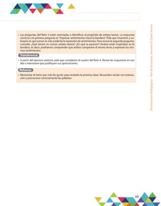 49
Orientaciones
Pedagógicas
-
Plan
de
formación,
Semestre
B,
Grado
Tercero
•	 Las preguntas del Reto 3 están orientadas a identificar el propósito de ambos textos. La respuesta
correcta a la primera pregunta es “Expresar sentimientos hacia la bandera”. Pida que muestren y su-
brayen en qué versos es más evidente la expresión de sentimientos. Para revisar la segunda pregunta,
consulte: ¿Qué tienen en común ambos textos? ¿En qué se parecen? Ambos están inspirados en la
bandera, es decir, podríamos comprender que ambos comparten el mismo tema y expresan los mis-
mos sentimientos.
Transferencia
•	 A partir del ejercicio anterior, pida que completen el cuadro del Reto 4. Revise las respuestas en voz
alta e intencione que justifiquen sus apreciaciones.
Refuerzo
•	 Memorizar el texto que más les gustó, para recitarlo la próxima clase. Recuerden recitar con entona-
ción y pronunciar correctamente las palabras.
 