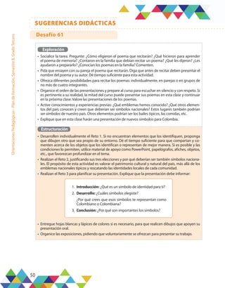 50
SUGERENCIAS DIDÁCTICAS
Orientaciones
Pedagógicas
-
Plan
de
formación,
Semestre
B,
Grado
Tercero
Exploración
•	 Socialice la tarea. Pregunte: ¿Cómo eligieron el poema que recitarán? ¿Qué hicieron para aprender
el poema de memoria? ¿Contaron en la familia que debían recitar un poema? ¿Qué les dijeron? ¿Les
ayudaron a prepararlo? ¿Conocían los poemas en la familia? Comenten.
•	 Pida que ensayen con su pareja el poema que recitarán. Diga que antes de recitar deben presentar el
nombre del poema y su autor. Dé tiempo suficiente para esta actividad.
•	 Ofrezca diferentes posibilidades para recitar los poemas: individualmente, en parejas o en grupos de
no más de cuatro integrantes.
•	 Organice el orden de las presentaciones y prepare al curso para escuchar en silencio y con respeto. Si
es pertinente a su realidad, la mitad del curso puede presentar sus poemas en esta clase y continuar
en la próxima clase. Valore las presentaciones de los poemas.
•	 Active conocimientos y experiencias previas: ¿Qué emblemas hemos conocido? ¿Qué otros elemen-
tos del país conocen y creen que deberían ser símbolos nacionales? Estos lugares también podrían
ser símbolos de nuestro país. Otros elementos podrían ser los bailes típicos, las comidas, etc.
•	 Explique que en esta clase harán una presentación de nuevos símbolos para Colombia.
Estructuración
•	 Desarrollen individualmente el Reto 1. Si no encuentran elementos que los identifiquen, proponga
que dibujen otro que sea propio de su entorno. Dé el tiempo suficiente para que compartan y co-
menten acerca de los objetos que los identifican o representan de mejor manera. Si es posible y las
condiciones lo permiten, utilice material de apoyo como PowerPoint, papelógrafos, afiches, objetos,
etc., que favorezcan profundizar en el tema.
•	 Realizan el Reto 2, justificando sus tres elecciones y por qué deberían ser también símbolos naciona-
les. El propósito de esta actividad es valorar el patrimonio cultural y natural del país, más allá de los
emblemas nacionales típicos y rescatando las identidades locales de cada comunidad.
•	 Realizan el Reto 3 para planificar su presentación. Explique que la presentación debe informar:
•	 Entregue hojas blancas y lápices de colores si es necesario, para que realicen dibujos que apoyen su
presentación oral.
•	 Organice las exposiciones, pidiendo que voluntariamente se ofrezcan para presentar su trabajo.
1.	 Introducción: ¿Qué es un símbolo de identidad para ti?
2.	 Desarrollo: ¿Cuáles símbolos elegiste?
	 ¿Por qué crees que esos símbolos te representan como
Colombiano o Colombiana?
3.	 Conclusión: ¿Por qué son importantes los símbolos?
Desafío 61
 