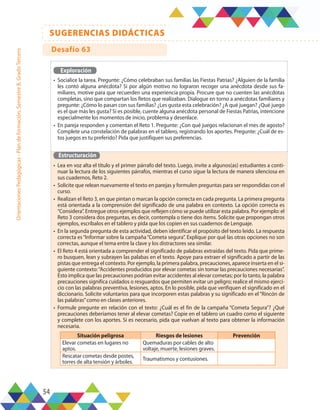 54
SUGERENCIAS DIDÁCTICAS
Orientaciones
Pedagógicas
-
Plan
de
formación,
Semestre
B,
Grado
Tercero
Exploración
•	 Socialice la tarea. Pregunte: ¿Cómo celebraban sus familias las Fiestas Patrias? ¿Alguien de la familia
les contó alguna anécdota? Si por algún motivo no lograron recoger una anécdota desde sus fa-
miliares, motive para que recuerden una experiencia propia. Procure que no cuenten las anécdotas
completas, sino que compartan los Retos que realizaban. Dialogue en torno a anécdotas familiares y
pregunte: ¿Cómo lo pasan con sus familias? ¿Les gusta esta celebración? ¿A qué juegan? ¿Qué juego
es el que más les gusta? Si es posible, cuente alguna anécdota personal de Fiestas Patrias, intencione
especialmente los momentos de inicio, problema y desenlace.
•	 En pareja responden y comentan el Reto 1. Pregunte: ¿Con qué juegos relacionan el mes de agosto?
Complete una constelación de palabras en el tablero, registrando los aportes. Pregunte: ¿Cuál de es-
tos juegos es tu preferido? Pida que justifiquen sus preferencias.
Estructuración
•	 Lea en voz alta el título y el primer párrafo del texto. Luego, invite a algunos(as) estudiantes a conti-
nuar la lectura de los siguientes párrafos, mientras el curso sigue la lectura de manera silenciosa en
sus cuadernos, Reto 2.
•	 Solicite que relean nuevamente el texto en parejas y formulen preguntas para ser respondidas con el
curso.
•	 Realizan el Reto 3, en que pintan o marcan la opción correcta en cada pregunta. La primera pregunta
está orientada a la comprensión del significado de una palabra en contexto. La opción correcta es
“Considera”. Entregue otros ejemplos que reflejen cómo se puede utilizar esta palabra. Por ejemplo: el
Reto 3 considera dos preguntas, es decir, contempla o tiene dos ítems. Solicite que propongan otros
ejemplos, escríbalos en el tablero y pida que los copien en sus cuadernos de Lenguaje.
•	 En la segunda pregunta de esta actividad, deben identificar el propósito del texto leído. La respuesta
correcta es“Informar sobre la campaña“Cometa segura”. Explique por qué las otras opciones no son
correctas, aunque el tema entre la clave y los distractores sea similar.
•	 El Reto 4 está orientada a comprender el significado de palabras extraídas del texto. Pida que prime-
ro busquen, lean y subrayen las palabas en el texto. Apoye para extraer el significado a partir de las
pistas que entrega el contexto. Por ejemplo, la primera palabra, precauciones, aparece inserta en el si-
guiente contexto:“Accidentes producidos por elevar cometas sin tomar las precauciones necesarias”.
Esto implica que las precauciones podrían evitar accidentes al elevar cometas; por lo tanto, la palabra
precauciones significa cuidados o resguardos que permiten evitar un peligro; realice el mismo ejerci-
cio con las palabras preventiva, lesiones, aptos. En lo posible, pida que verifiquen el significado en el
diccionario. Solicite voluntarios para que incorporen estas palabras y su significado en el “Rincón de
las palabras”como en clases anteriores.
•	 Formule pregunte en relación con el texto: ¿Cuál es el fin de la campaña “Cometa Segura”? ¿Qué
precauciones deberíamos tener al elevar cometas? Copie en el tablero un cuadro como el siguiente
y complete con los aportes. Si es necesario, pida que vuelvan al texto para obtener la información
necesaria.
Situación peligrosa Riesgos de lesiones Prevención
Elevar cometas en lugares no
aptos.
Quemaduras por cables de alto
voltaje, muerte, lesiones graves.
Rescatar cometas desde postes,
torres de alta tensión y árboles.
Traumatismos y contusiones.
Desafío 63
 
