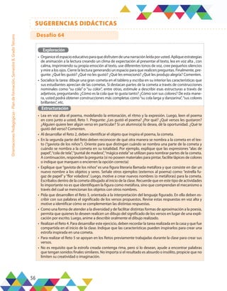 56
SUGERENCIAS DIDÁCTICAS
Orientaciones
Pedagógicas
-
Plan
de
formación,
Semestre
B,
Grado
Tercero
Exploración
•	 Organiceelespacioeducativoparaquedisfrutendeunanarraciónleídaporusted.Apliqueestrategias
de animación a la lectura creando un clima de expectación al presentar el texto, lea en voz alta , con
calma, imprimiendo su propia emoción al texto, use diferentes tonos de voz, cree pequeños silencios
y mire a los ojos. Cierre la lectura generando un espacio para que realicen preguntas. Finalmente, pre-
gunte: ¿Qué les gustó? ¿Qué no les gustó? ¿Qué les emocionó? ¿Qué les produjo alegría? Comenten.
•	 Socialice la tarea: dibuje una gran cometa en el tablero y escriba en su interior las características que
sus estudiantes aprecian de las cometas. Si destacan partes de la cometa a través de construcciones
nominales como “su cola” o “su color”, entre otras, estimule a describir esas estructuras a través de
adjetivos, preguntando: ¿Cómo es la cola que te gusta tanto? ¿Cómo son sus colores? De esta mane-
ra, usted podrá obtener construcciones más completas como“su cola larga y danzarina”,“sus colores
brillantes”, etc.
Estructuración
•	 Lea en voz alta el poema, modelando la entonación, el ritmo y la expresión. Luego, leen el poema
en coro junto a usted, Reto 1. Pregunte: ¿Les gustó el poema? ¿Por qué? ¿Qué versos les gustaron?
¿Alguien quiere leer algún verso en particular? Si un alumno(a) lo desea, dé la oportunidad. ¿Qué te
gustó del verso? Comenten.
•	 Al desarrollar el Reto 2, deben identificar el objeto que inspira el poema, la cometa.
•	 En la segunda parte del Reto deben reconocer de qué otra manera se nombra a la cometa en el tex-
to (“gaviota de los niños”). Oriente para que distingan cuándo se nombra una parte de la cometa y
cuándo se nombra a la cometa en su totalidad. Por ejemplo, explique que las expresiones “alas de
papel”,“cola de tela”,“puntal de madera”,“mágica estela”se utilizan para nombrar partes de la cometa.
A continuación, responden la pregunta (si no poseen materiales para pintar, facilite lápices de colores
o indique que marquen o encierren la opción correcta)
•	 Explique que“gaviota de los niños”es una figura literaria llamada metáfora y que consiste en dar un
nuevo nombre a los objetos y seres. Señale otros ejemplos (externos al poema) como: “estrella fu-
gaz de papel” y “flor voladora”. Luego, motive a crear nuevos nombres (o metáforas) para la cometa.
Escríbalos dentro de la cometa dibujado al inicio de la clase. Recuerde que en este tipo de actividades
lo importante no es que identifiquen la figura como metáfora, sino que comprendan el mecanismo a
través del cual se mencionan los objetos con otros nombres.
•	 Pida que desarrollen el Reto 3, orientada a la interpretación del lenguaje figurado. En ella deben es-
cribir con sus palabras el significado de los versos propuestos. Revise estas respuestas en voz alta y
motive a identificar cómo se complementan las distintas respuestas.
•	 Como una forma de atender a la diversidad y de facilitar distintas formas de aproximación a la poesía,
permita que quienes lo deseen realicen un dibujo del significado de los versos en lugar de una expli-
cación por escrito. Luego, anime a describir oralmente el dibujo realizado.
•	 Realizan el Reto 4. Para desarrollar este ejercicio, deben recordar la tarea realizada en la casa y que fue
compartida en el inicio de la clase. Indique que las características pueden inspirarlos para crear una
estrofa inspirada en una cometa.
•	 Para realizar el Reto 5 se apoyan en los Retos previamente trabajadas durante la clase para crear sus
versos.
•	 No es requisito que la estrofa creada contenga rima, pero si lo desean, ayude a encontrar palabras
que tengan sonidos finales similares. No importa si el resultado es absurdo o insólito, propicie que no
limiten su creatividad o imaginación.
Desafío 64
 