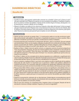 60
SUGERENCIAS DIDÁCTICAS
Orientaciones
Pedagógicas
-
Plan
de
formación,
Semestre
B,
Grado
Tercero
Exploración
•	 Socialice la tarea: ¿Qué juguetes tradicionales conocían en su familia? ¿Cómo son? ¿Cómo se usan?
¿De qué materiales eran? Registre los aportes en una constelación de palabras. Finalizado el registro,
lea en voz alta los nombres recopilados. Si dentro de los nombres figura el trompo, destáquelo; si no
lo mencionaron, muestre o dibuje uno en el tablero.
•	 Dibuje en el tablero una tabla con tres columnas: Pregunte: ¿Qué saben del trompo? ¿Cómo se juega?
¿De qué material está hecho? Registre estos conocimientos en la primera columna con el título: ¿Qué
sé? Motive a formular preguntas sobre este juguete. Escriba las preguntas en la columna ¿Qué quiero
saber? Reserve la columna ¿Qué aprendí? para completar al cierre del desafío.
Estructuración
•	 Solicite que lean el artículo en parejas, Reto 1. A continuación realice en voz alta una lectura mode-
lada, pronunciando cada palabra con precisión y respetando las pausas en comas y puntos. Pida a
diferentes estudiantes que lean por párrafos considerando los énfasis modelados.
•	 Formule preguntas para monitorear la comprensión del texto: ¿Qué es una lienza? ¿De qué material
está hecha la púa? ¿Cómo son las maderas utilizadas actualmente en la confección de trompos? ¿Qué
pasaría si la púa fuera de madera? ¿Quiénes fabricaban los trompos antiguos? ¿Cuál es la diferencia
entre la fabricación antigua y la actual? ¿Qué significa“herir”a un trompo? Comenten.
•	 Realizan el Reto 2. Deben marcar la opción correcta. La respuesta correcta a la primera pregunta es
“Eran más resistentes”. Pregunte: ¿De qué otra manera podemos decir“resistente”en este artículo? O,
¿qué significa“más resistente”? (Eran más duros, más sólidos, menos blandos). La respuesta correcta
a la siguiente pregunta es“Para hacer girar el trompo”. Si es necesario, explicite por qué las otras op-
ciones no son correctas.
•	 En el Reto 3, deben unir los conceptos de la columna izquierda con su definición o significado de la
columna derecha. Modele el ejercicio utilizando el ejemplo propuesto en la actividad. Dé tiempo para
el desarrollo del Reto. Revise con todo el curso y retroalimente sus respuestas.
•	 Lean en conjunto y explique el Reto 4, que tiene como objetivo escribir el significado de las palabras
destacadas de cada oración. Es importante que se aproximen a definir estas palabras utilizando el
contexto de la lectura. Si es necesario, pida que corroboren los significados utilizando el diccionario.
Dé tiempo para que todos terminen la actividad. Al revisar, aclare dudas y dé tiempo para que corrijan.
•	 Pida que desarrollen el Reto 5, elegir un juguete personal que sea significativo y describirlo. Invite a vi-
sualizar ese juguete, cerrando los ojos por un momento para recordarlo. Pregunte: ¿Qué forma tiene?
¿Cómo huele? ¿De qué material es? ¿Es duro? ¿Es blando? ¿Es de tela? ¿Suena? ¿Cómo se juega con
él? ¿Qué colores tiene? Sugiera que utilicen en esta descripción algunas de las palabras trabajadas en
los Retos anteriores y apoye para que la incorporación sea correcta. Recuérdeles que deben realizar
el dibujo.
•	 Organice la presentación voluntaria de sus descripciones. Señale algunas recomendaciones para la
lectura en voz alta: una postura erguida, una entonación de la voz que logre captar la atención de sus
pares y leer las palabras con precisión y fluidez.
•	 Pida al curso que mientras sus compañeros leen, imaginen cómo es el juguete. Después de leer la
descripción muestran el dibujo realizado. Pregunte: ¿Es como lo imaginaban?
Desafío 66
 