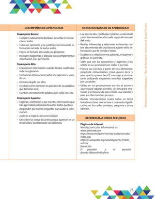 75
Orientaciones
Pedagógicas
-
Plan
de
formación,
Semestre
B,
Grado
Tercero
DESEMPEÑOS DE APRENDIZAJE DERECHOS BÁSICOS DE APRENDIZAJE
Desempeño Básico:
•	 Cumplen exitosamente las tareas descritas en instruc-
ciones leídas.
•	 Expresan opiniones y las justifican mencionando in-
formación extraída de textos leídos.
•	 Eligen un formato adecuado a su propósito.
•	 Incluyen diagramas o dibujos para complementar
información, si es pertinente.
Desempeño Alto:
•	 Encuentran información usando títulos, subtítulos,
índices o glosarios.
•	 Comunicanobservacionessobreunaexperienciausan-
do un
•	 formato elegido por ellos
•	 Escriben correctamente los plurales de las palabras
que terminan en z.
•	 Escriben correctamente palabras con sufijo cito-cita.
Desempeño Superior:
•	 Explican, oralmente o por escrito, información que
han aprendido o descubierto en los textos que leen.
•	 Responden por escrito preguntas que aluden a infor-
mación
•	 explícita e implícita de un texto leído
•	 Describen los textos discontinuos que aparecen en un
texto leído y los relacionan con la lectura.
•	 Lee en voz alta, con fluidez (dicción y velocidad)
y con la entonación adecuada según el mensaje
del texto.
•	 Realiza inferencias y relaciones coherentes so-
bre el contenido de una lectura a partir de la in-
formación que le brinda el texto.
•	 Establece la relación entre palabras, imágenes y
gráficos en un texto.
•	 Sabe qué son los sustantivos y adjetivos y los
utiliza en sus producciones orales o escritas.
•	 Planea sus escritos a partir de tres elementos:
propósito comunicativo (¿Qué quiero decir y
para qué lo quiero decir?), mensaje y destina-
tario, utilizando esquemas sencillos sugeridos
por un adulto
•	 Utiliza en sus producciones escritas el punto y
aparte para separar párrafos, la coma para enu-
merar y la mayúscula para iniciar una oración y
para escribir nombres propios.
•	 Realiza intervenciones orales sobre un tema
tratado en clase, una lectura o un evento signifi-
cativo, en las cuales contesta, pregunta o da su
opinión.
REFERENCIA A OTROS RECURSOS
Páginas de Internet:
Noticias y artículos informativos en:
www.latercera.com
http://www.emol.com/noticias/todas/portada/
index.asp.
http://es.wikipedia.org/wiki/Migraci%C3%B3n_
animal
Narración:
El	pescador	 y	 el	 pececito	
dorado. Alexander Pushkin.
 