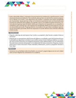 93
Orientaciones
Pedagógicas
-
Plan
de
formación,
Semestre
B,
Grado
Tercero
•	 Invite a desarrollar el Reto 5, orientada al reconocimiento de correferencias, específicamente a través
de procesos de pronominalización. Para resolverla, pida que lean con atención las oraciones propues-
tas en relación con el texto, y que determinen qué nombre o sustantivo está siendo reemplazado
por el pronombre. Apoye para que se fijen en la coherencia gramatical como una herramienta para
encontrar los referentes de las palabras. Por ejemplo, estas es una palabra de género femenino y nú-
mero plural, al igual que tapas de bebida. Solicite que compartan sus respuestas con un compañero o
compañera y que comenten por cuál sustantivo fue reemplazado. Realice el mismo ejercicio, esta vez
con pronombres personales. Proponga distintos enunciados en los que deban reemplazar expresio-
nes por pronombres personales. Revise las respuestas en voz alta. Refuerce este contenido utilizando
el texto escolar.
Transferencia
•	 Pregunte: ¿Qué tipo de texto leyeron hoy? ¿Cuál es su propósito? ¿Qué función cumple el título en
este texto?
•	 Pregunte por sus percepciones sobre la tarea de elaborar un zumbador a partir de la primera lectura.
Es probable que algunos(as) consideren que es difícil, porque el texto ideal para elaborar un zumba-
dor sería un texto instructivo (con imágenes ilustrativas y pasos diferenciados) y no uno informativo.
Recuerde clases anteriores del período 3 en la elaboración de textos instructivos. Pregunte: ¿Cuántas
partes tiene un texto instructivo? (Título, materiales y elaboración). ¿Cuál es su propósito? (Enseñar a
hacer algo).
Refuerzo
•	 Conversar con sus familiares sobre el zumbador: ¿Lo conocen? ¿Jugaron alguna vez con uno? ¿Saben
cómo se hace? Registrar los comentarios en su cuaderno.
 