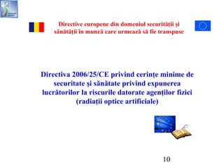 10
Directive europene din domeniul securităţii şi
sănătăţii în muncă care urmează să fie transpuse
Directiva 2006/25/CE privind cerinţe minime de
securitate şi sănătate privind expunerea
lucrătorilor la riscurile datorate agenţilor fizici
(radiaţii optice artificiale)
 