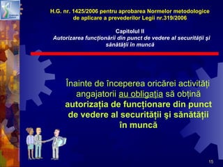 15
Înainte de începerea oricărei activităţi
angajatorii au obligaţia să obţină
autorizaţia de funcţionare din punct
de vedere al securităţii şi sănătăţii
în muncă
H.G. nr. 1425/2006 pentru aprobarea Normelor metodologice
de aplicare a prevederilor Legii nr.319/2006
Capitolul II
Autorizarea funcţionării din punct de vedere al securităţii şi
sănătăţii în muncă
 