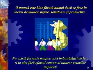54
O muncă este bine făcută numai dacă se face în
locuri de muncă sigure, sănătoase şi productive
Nu există formule magice, nici îmbunătăţiri de la o
zi la alta fără efortul comun al tuturor actorilor
implicaţi
 