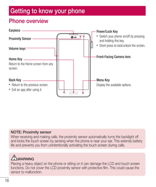 16
Phone overview
Proximity Sensor
Volume keys
Earpiece
Home Key
Return to the Home screen from any
screen.
Back Key
•	 Return to the previous screen.
•	 Exit an app after using it.
Menu Key
Display the available options.
Power/Lock Key
•	 Switch your phone on/off by pressing
and holding this key.
•	 Short press to lock/unlock the screen.
Front-Facing Camera lens
NOTE: Proximity sensor
When receiving and making calls, the proximity sensor automatically turns the backlight off
and locks the touch screen by sensing when the phone is near your ear. This extends battery
life and prevents you from unintentionally activating the touch screen during calls.
WARNING
Placing a heavy object on the phone or sitting on it can damage the LCD and touch screen
functions. Do not cover the LCD proximity sensor with protective film. This could cause the
sensor to malfunction.
Getting to know your phone
 
