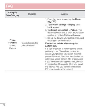 82
Category
Sub-Category
Question Answer
Phone
Function
Unlock
Pattern
How do I create the
Unlock Pattern?
1. From the Home screen, tap the Menu
Key .
2. Tap System settings  Display tab 
Lock screen.
3. Tap Select screen lock  Pattern. The
first time you do this, a short tutorial about
creating an Unlock Pattern will appear.
4. Set up by drawing your pattern once, and
once again for confirmation.
Precautions to take when using the
pattern lock.
It is very important to remember the unlock
pattern you set. You will not be able to
access your phone if you use an incorrect
pattern five times. You have five chances to
enter your unlock pattern, PIN or password.
If you have used all 5 opportunities, you can
try again after 30 seconds. (Or, if you preset
the backup PIN, you can use the backup
PIN code to unlock the pattern.)
FAQ
 