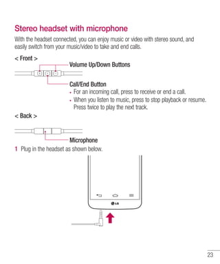 Stereo headset with microphone
With the headset connected, you can enjoy music or video with stereo sound, and
easily switch from your music/video to take and end calls.
< Front >
Volume Up/Down Buttons
Call/End Button
For an incoming call, press to receive or end a call.
When you listen to music, press to stop playback or resume.
Press twice to play the next track.
< Back >

Microphone
1 Plug in the headset as shown below.

23

 