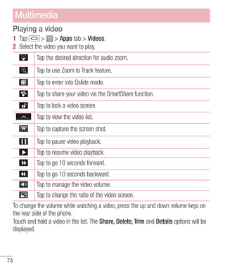 Multimedia
Playing a video
1 Tap
> > Apps tab > Videos.
2 Select the video you want to play.
Tap the desired direction for audio zoom.
Tap to use Zoom to Track feature.
Tap to enter into Qslide mode.
Tap to share your video via the SmartShare function.
Tap to lock a video screen.
Tap to view the video list.
Tap to capture the screen shot.
Tap to pause video playback.
Tap to resume video playback.
Tap to go 10 seconds forward.
Tap to go 10 seconds backward.
Tap to manage the video volume.
Tap to change the ratio of the video screen.
To change the volume while watching a video, press the up and down volume keys on
the rear side of the phone.
Touch and hold a video in the list. The Share, Delete, Trim and Details options will be
displayed.

74

 