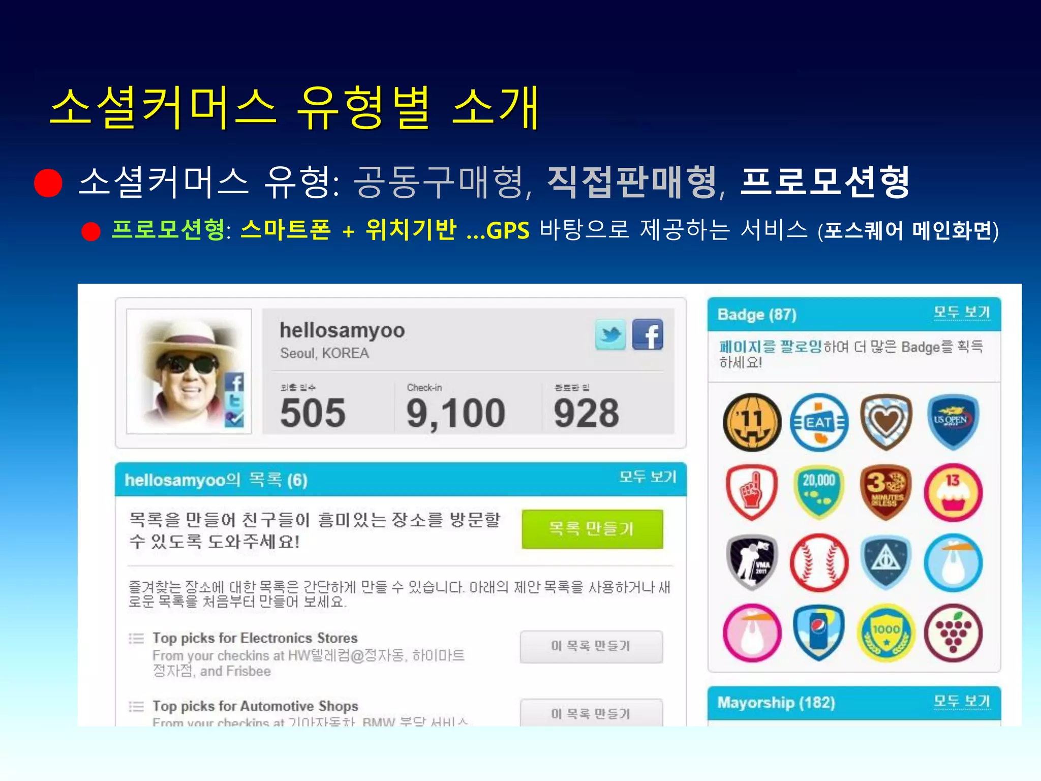 소셜커머스 유형별 소개
● 소셜커머스 유형: 공동구매형, 직접판매형, 프로모션형
 ● 프로모션형: 스마트폰 + 위치기반 …GPS 바탕으로 제공하는 서비스 (포스퀘어 메인화면)
 