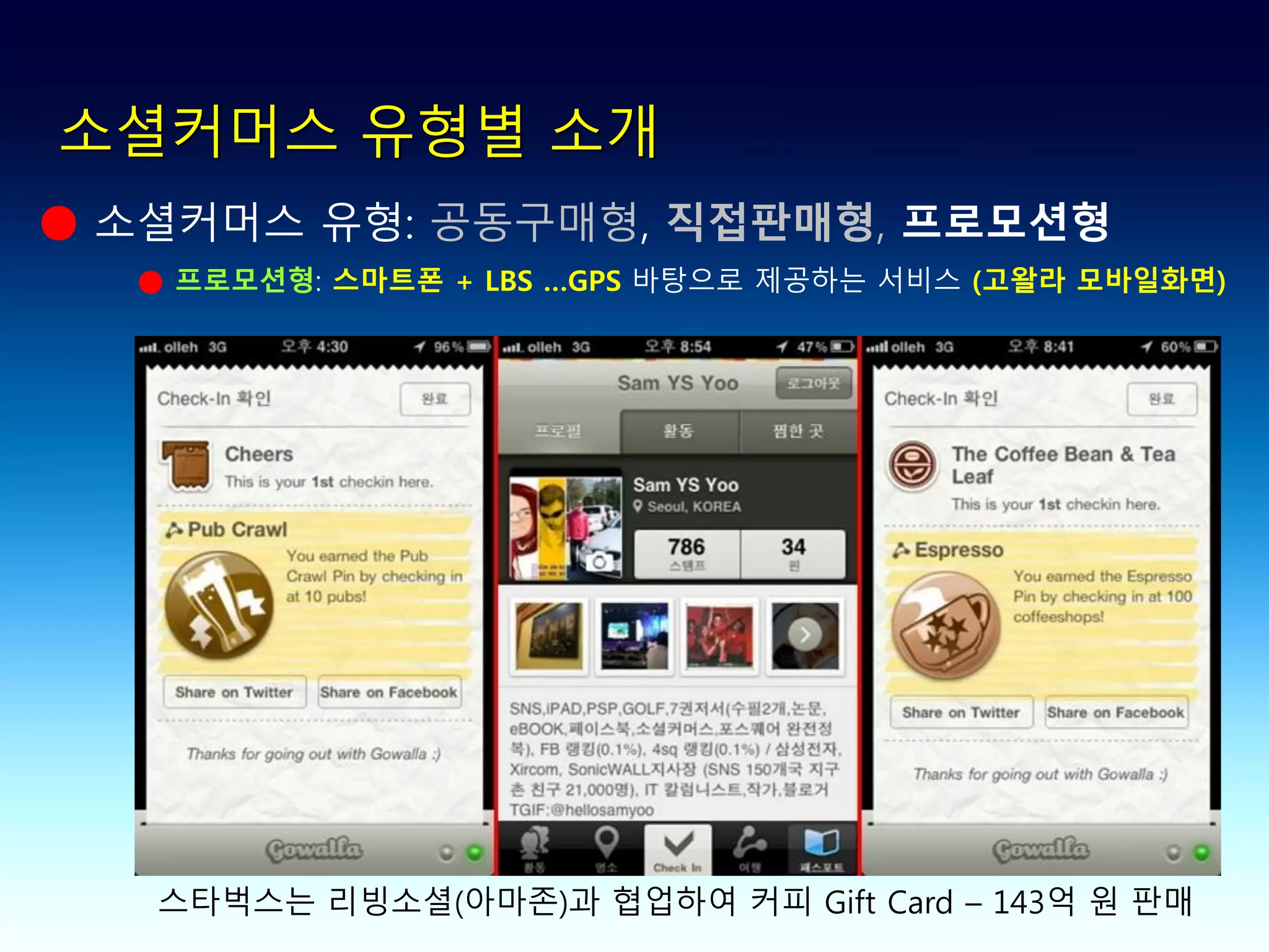 소셜커머스 유형별 소개
● 소셜커머스 유형: 공동구매형, 직접판매형, 프로모션형
  ● 프로모션형: 스마트폰 + LBS …GPS 바탕으로 제공하는 서비스 (고왈라 모바일화면)




   스타벅스는 리빙소셜(아마존)과 협업하여 커피 Gift Card – 143억 원 판매
 