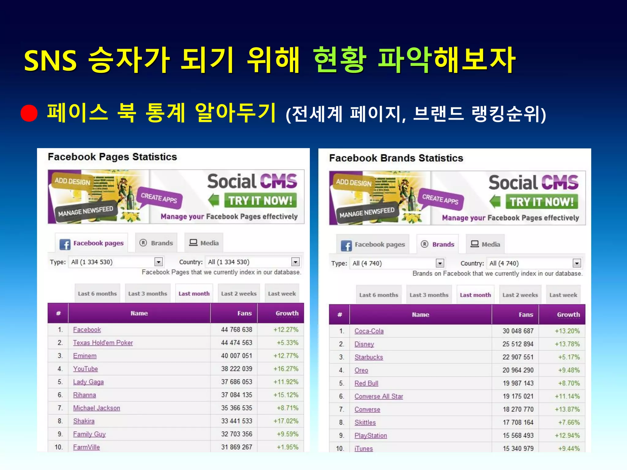 SNS 승자가 되기 위해 현황 파악해보자
● 페이스 북 통계 알아두기 (전세계 페이지, 브랜드 랭킹순위)
 