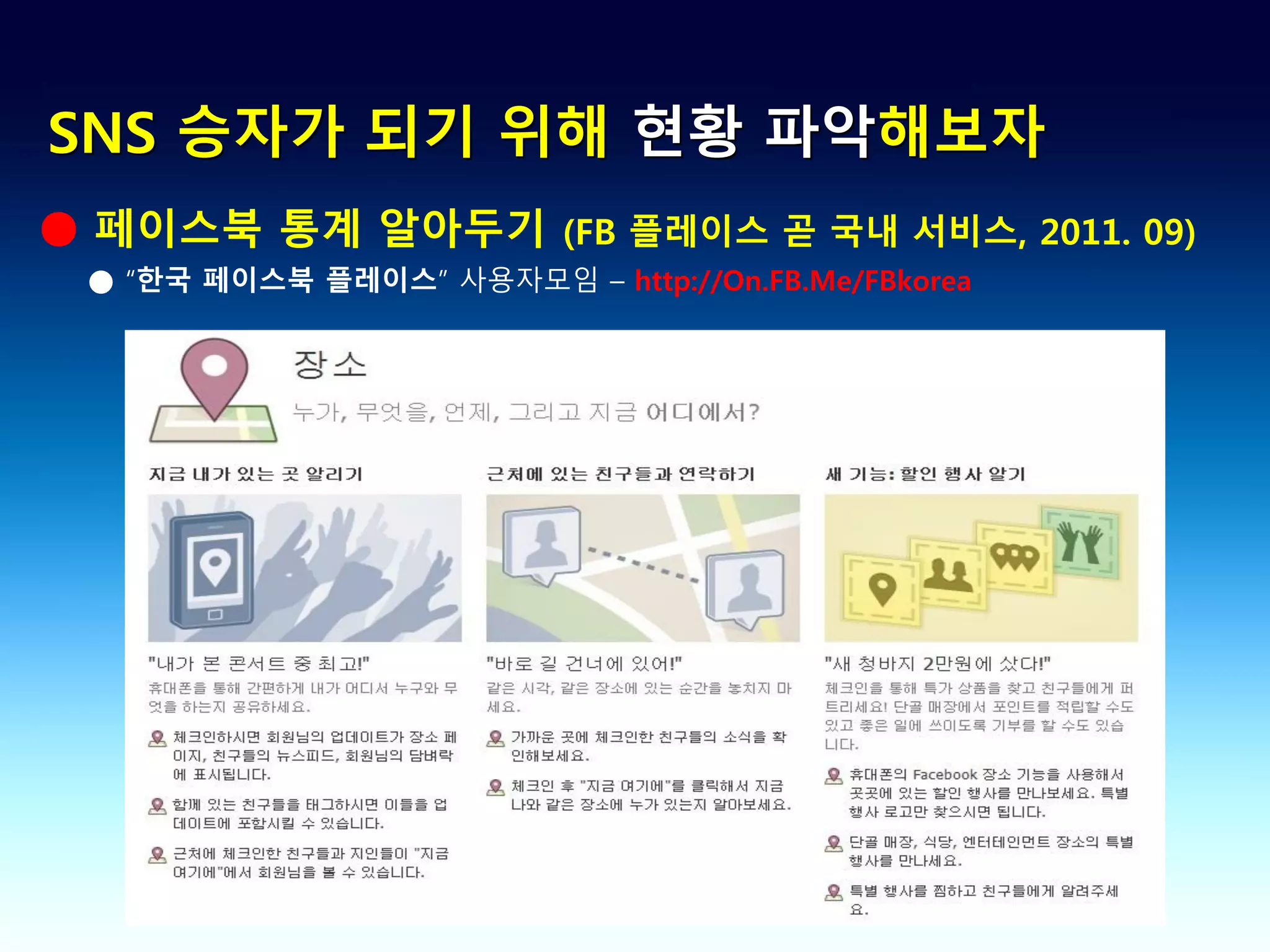 SNS 승자가 되기 위해 현황 파악해보자
● 페이스북 통계 알아두기 (FB 플레이스 곧 국내 서비스, 2011. 09)
 ● “한국 페이스북 플레이스” 사용자모임 – http://On.FB.Me/FBkorea
 