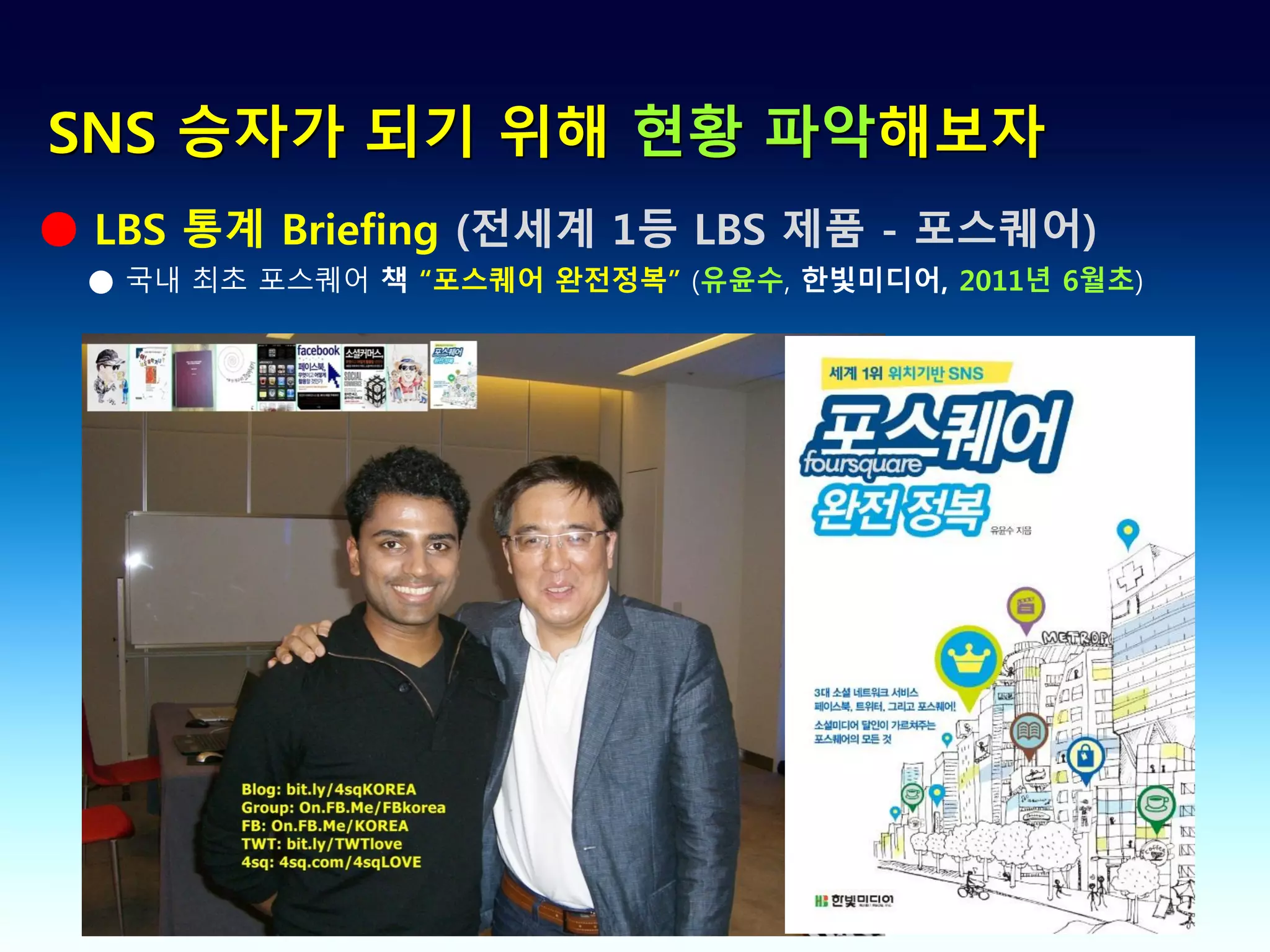 SNS 승자가 되기 위해 현황 파악해보자
● LBS 통계 Briefing (전세계 1등 LBS 제품 - 포스퀘어)
 ● 국내 최초 포스퀘어 책 “포스퀘어 완전정복” (유윤수, 한빛미디어, 2011년 6월초)
 