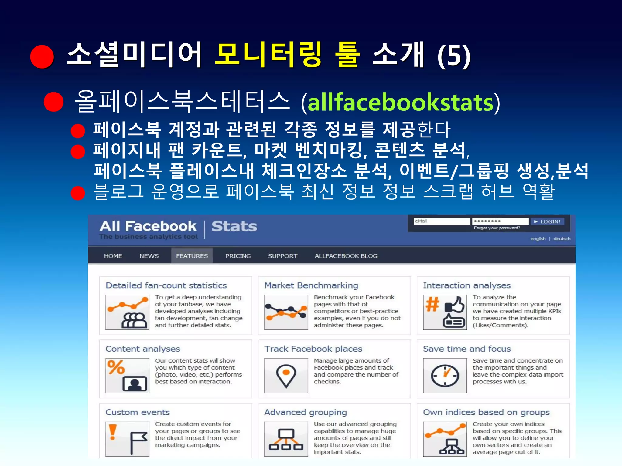 ● 소셜미디어 모니터링 툴 소개 (5)
● 올페이스북스테터스 (allfacebookstats)
 ● 페이스북 계정과 관련된 각종 정보를 제공한다
 ● 페이지내 팬 카운트, 마켓 벤치마킹, 콘텐츠 분석,
   페이스북 플레이스내 체크인장소 분석, 이벤트/그룹핑 생성,분석
 ● 블로그 운영으로 페이스북 최신 정보 정보 스크랩 허브 역활
 