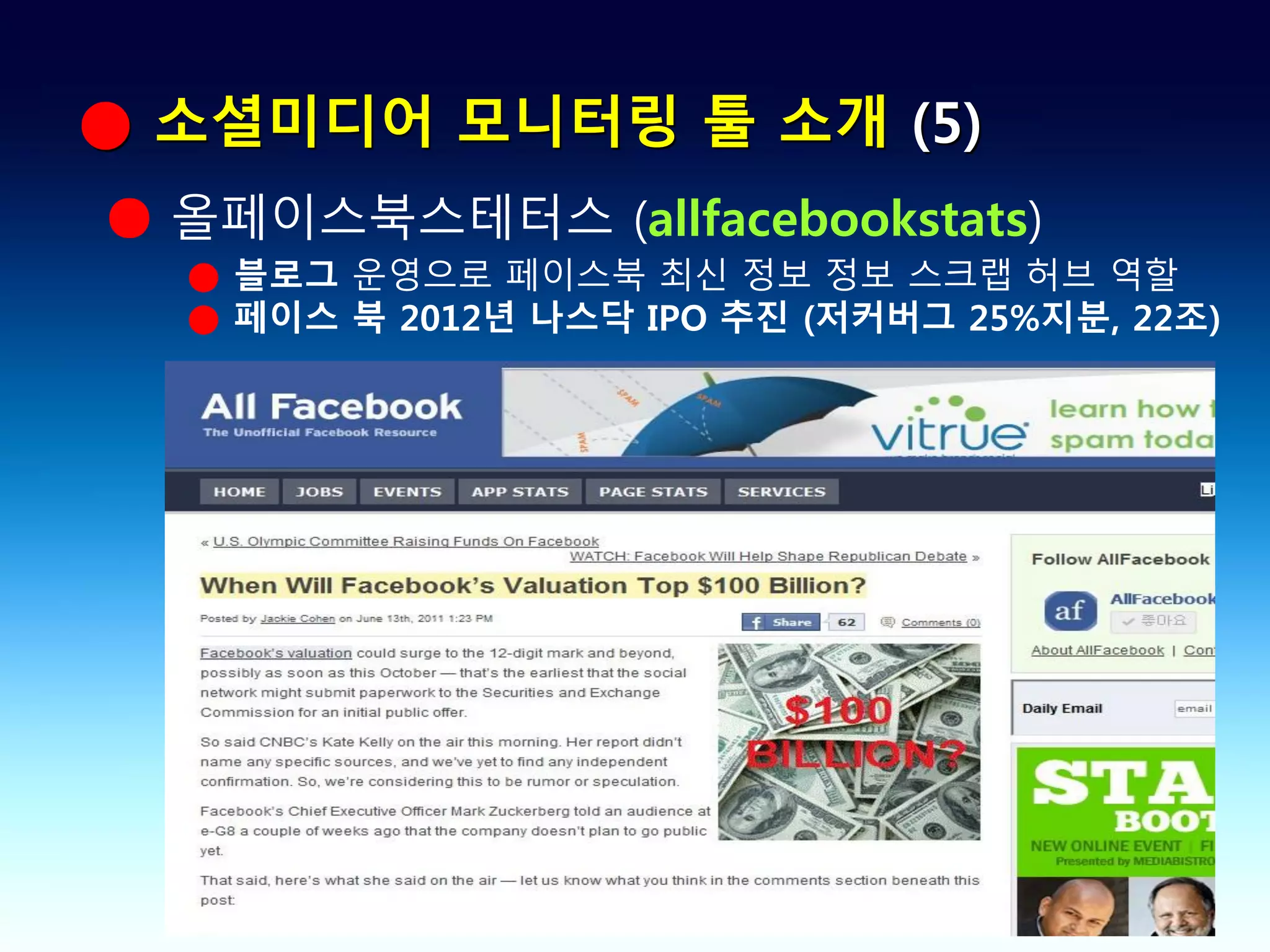 ● 소셜미디어 모니터링 툴 소개 (5)
● 올페이스북스테터스 (allfacebookstats)
  ● 블로그 운영으로 페이스북 최신 정보 정보 스크랩 허브 역할
  ● 페이스 북 2012년 나스닥 IPO 추진 (저커버그 25%지분, 22조)
 