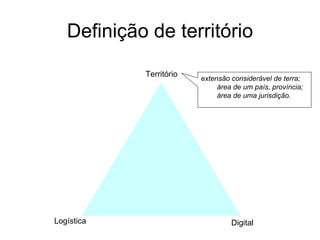 Definição de território Logística Digital Território  extensão considerável de terra; área de um país, província; área de uma jurisdição. 
