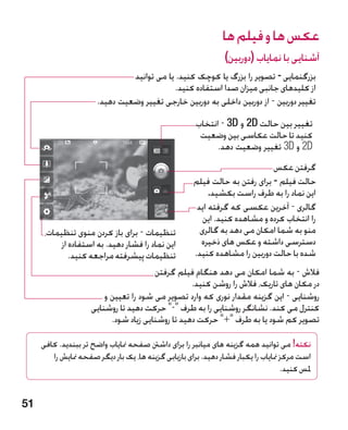 ‫عکس ها و فیلم ها‬
                                                                ‫آشنایی با نمایاب (دوربین)‬
                                ‫بزرگنمایی - تصویر را بزرگ یا کوچک کنید. یا می توانید‬
                                             ‫از کلیدهای جانبی میزان صدا استفاده کنید.‬
                       ‫تغییر دوربین - از دوربین داخلی به دوربین خارجی تغییر وضعیت دهید.‬
                                                       ‫تغییر بین حالت ‪ 2D‬و ‪ - 3D‬انتخاب‬
                                                        ‫کنید تا حالت عکاسی بین وضعیت‬
                                                             ‫‪ 2D‬و ‪ 3D‬تغییر وضعیت دهد.‬
                                                                             ‫گرفتن عکس‬
                                                      ‫حالت فیلم - برای رفتن به حالت فیلم‬
                                                           ‫این نماد را به طرف راست بکشید.‬
                                                       ‫گالری - آخرین عکسی که گرفته اید‬
                                                         ‫را انتخاب کرده و مشاهده کنید. این‬
      ‫تنظیمات - برای باز کردن منوی تنظیمات،‬             ‫منو به شما امکان می دهد به گالری‬
           ‫این نماد را فشار دهید. به استفاده از‬         ‫دسترسی داشته و عکس های ذخیره‬
              ‫تنظیمات پیشرفته مراجعه کنید.‬            ‫شده با حالت دوربین را مشاهده کنید.‬
                                        ‫فالش - به شما امکان می دهد هنگام فیلم گرفتن‬
                                                   ‫در مکان های تاریک، فالش را روشن کنید.‬
                         ‫روشنایی - این گزینه مقدار نوری که وارد تصویر می شود را تعیین و‬
                     ‫کنترل می کند. نشانگر روشنایی را به طرف - حرکت دهید تا روشنایی‬
                           ‫تصویر کم شود یا به طرف + حرکت دهید تا روشنایی زیاد شود.‬

     ‫نکته! می توانید همه گزینه های میانبر را برای داشنت صفحه منایاب واضح تر ببندید. کافی‬
        ‫است مرکز منایاب را یکبار فشار دهید. برای بازیابی گزینه ها، یک بار دیگر صفحه منایش را‬
                                                                                    ‫ملس کنید.‬


‫15‬
 