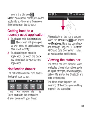icon to the bin icon        .
NOTE: You cannot delete pre-loaded
applications. (You can only remove
their icons from the screen.)

Getting back to a
recently used application
                                        Alternatively, on the home screen
1 Touch and hold the Home key           touch the Menu key          and select
      . The screen will give a pop      Notifications. Here you can check
  up with icons for applications you    and manage Ring, Wi-Fi, Bluetooth
  have used recently.                   ,GPS and Data Connection status,
2 Touch an icon to open its             as well as other notifications.
  application. Or touch the Back
  key to go back to your current        Viewing the status bar
  application.                          The status bar uses different icons
                                        to display phone information, such
Notification drawer
                                        as signal strength, new messages,
The notification drawer runs across     battery life and active Bluetooth and
the top of your screen.                 data connections.
                                        The table below explains the
                                        meaning of the icons you are likely
                                        to see in the status bar.
  Ring   Wi-Fi   Bluetooth   GPS   3G
Touch and slide the notification
drawer down with your finger.

                                                                           31
 