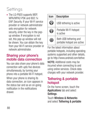 Settings
•   The LG-P920 supports WEP,
                                            Icon Description
    WPA/WPA2-PSK and 802.1x
    EAP. Security. If your Wi-Fi service            USB tethering is active
    provider or network administrator
    sets encryption for network                     Portable Wi-Fi hotspot
    security, enter the key in the pop-             is active
    up window. If encryption is not
    set, this pop-up window will not                Both USB tethering and
    be shown. You can obtain the key                portable hotspot are active
    from your Wi-Fi service provider or    For the latest information about
    network administrator.                 portable hotspots, including operating
Sharing your phone’s                       systems supported and other details,
                                           go to http://www.android.com/tether.
mobile data connection
                                           NOTE: Additional costs may be
You can also share your phone’s data
connection with upto five devices          incurred when connecting to and
simultaneously, by turning your            using online services. Check data
phone into a portable Wi-Fi hotspot.       charges with your network provider.
When your phone is sharing its             Tethering  portable
data connection, an icon appears in        hotspot
the status bar and as an on-going
                                           On the home screen, touch the
notification in the notifications
                                           Applications tab and select
drawer.
                                           Settings.
                                           Touch Wireless  Networks
                                           and select Tethering  portable

88
 