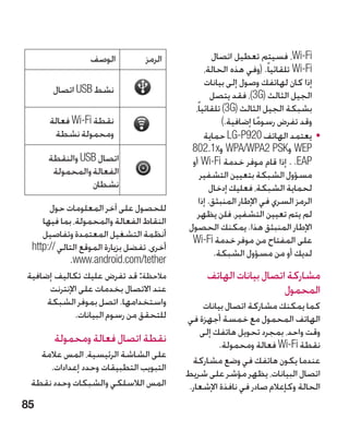‫الوصف‬           ‫الرمز‬             ‫‪ ،Wi-Fi‬فسيتم تعطيل اتصال‬
                                                 ‫‪ Wi-Fi‬تلقائيا ً. (وفي هذه الحالة،‬
                                                 ‫إذا كان لهاتفك وصول إلى بيانات‬
       ‫نشط ‪ USB‬اتصال‬                                ‫الجيل الثالث (‪ ،)3G‬فقد يتصل‬
                                             ‫بشبكة الجيل الثالث (‪ )3G‬تلقائياً،‬
      ‫نقطة ‪ Wi-Fi‬فعالة‬                                 ‫وقد تفرض رسوما إضافية.)‬
                                                                  ‫ً‬
       ‫ومحمولة نشطة‬                              ‫	 •يعتمد الهاتف 029‪ LG-P‬حماية‬
                                            ‫‪ WEP‬و‪ WPA/WPA2 PSK‬و‪802.1x‬‬        ‫‏‬
      ‫اتصال ‪ USB‬والنقطة‬                     ‫‪ . .EAP‬إذا قام موفر خدمة ‪ Wi-Fi‬أو‬‫‏‬
       ‫الفعالة والمحمولة‬                        ‫مسؤول الشبكة بتعيين التشفير‬
                 ‫نشطان‬                             ‫لحماية الشبكة، فعليك إدخال‬
                                               ‫الرمز السري في اإلطار المنبثق. إذا‬
      ‫للحصول على آخر المعلومات حول‬
                                              ‫لم يتم تعيين التشفير، فلن يظهر‬
    ‫النقاط الفعالة والمحمولة، بما فيها‬
                                           ‫اإلطار المنبثق هذا. يمكنك الحصول‬
    ‫أنظمة التشغيل المعتمدة وتفاصيل‬
                                            ‫على المفتاح من موفر خدمة ‪Wi-Fi‬‬
 ‫أخرى، تفضل بزيارة الموقع التالي //:‪http‬‬
                                                     ‫لديك أو من مسؤول الشبكة.‬
            ‫‪.www.android.com/tether‬‬
‫مالحظة: قد تفرض عليك تكاليف إضافية‬              ‫مشاركة اتصال بيانات الهاتف‬
      ‫عند االتصال بخدمات على اإلنترنت‬                              ‫المحمول‬
     ‫واستخدامها. اتصل بموفر الشبكة‬             ‫كما يمكنك مشاركة اتصال بيانات‬
              ‫للتحقق من رسوم البيانات.‬     ‫الهاتف المحمول مع خمسة أجهزة في‬
                                              ‫وقت واحد، بمجرد تحويل هاتفك إلى‬
       ‫نقطة اتصال فعالة ومحمولة‬                     ‫نقطة ‪ Wi-Fi‬فعالة ومحمولة.‬
   ‫على الشاشة الرئيسية، المس عالمة‬
                                            ‫عندما يكون هاتفك في وضع مشاركة‬
     ‫التبويب التطبيقات وحدد إعدادات.‬
                                           ‫اتصال البيانات، يظهر مؤشر على شريط‬
 ‫المس الالسلكي والشبكات وحدد نقطة‬          ‫الحالة وكإعالم صادر في نافذة اإلشعار.‬
‫58‬
 
