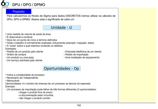 102
DPU / DPO / DPMODPU / DPO / DPMO
• Uma medida de volume de saída da área
• É observável e contável
• Deve ter um ponto de início e término definidos
• Onde o trabalho é normalmente analisado criticamente (exemplo: inspeção, teste)
• A “coisa” sobre a qual estamos contando os defeitos
Exemplos:
- Pedido de um produto pelo cliente - Chamada telefônica de um cliente
- Ordem de compra - Pedido de importação
- Um produto ou uma peça - Uma instalação de equipamento
- Um serviço solicitado pelo cliente
• Indica a complexidade do processo
• Necessário ser Independente
• Mensurável
Oportunidades: é o número de chances de um processo se desviar do esperado
Exemplo:
- Um processo de importação pode falhar de três formas diferentes (3 oportunidades):
- chegar o produto fora do prazo;
- a documentação estar incorreta;
- não chegar o produto correto
Unidade - UUnidade - U
Oportunidades - OpOportunidades - Op
Propósito
Para calcularmos os Níveis de Sigma para dados DISCRETOS iremos utilizar os cálculos de
DPU, DPO e DPMO. Abaixo esta o significado de cada um.
 
