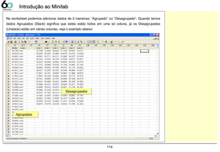 114
Introdução ao MinitabIntrodução ao Minitab
Na worksheet podemos adicionar dados de 2 maneiras: “Agrupado” ou “Desagrupado”. Quando temos
dados Agrupados (Stack) significa que estes estão todos em uma só coluna, já os Desagrupados
(Unstack) estão em várias colunas, veja o exemplo abaixo:
AgrupadosAgrupados
DesagrupadosDesagrupados
 