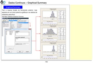 143
Dados Contínuos – Graphical SummaryDados Contínuos – Graphical Summary
Graphical Summary
Tem a mesma função da ferramenta anterior, mas
aparece em um único painel os gráficos e os valores da
estatística descritiva.
Stat>Basic Statistics>Graphical Summary
77,77,77,77,77,7
Median
Mean
7,7777,7777,7777,7777,7777,7777,777
A nderson-Darling Normality Test
V ariance 7,7777
Skew ness -7,777777
Kurtosis -7,777777
N 777
Minimum 7,7777
A -Squared
7st Q uartile 7,7777
Median 7,7777
7rd Q uartile 7,7777
Maximum 7,7777
77% C onfidence Interv al for Mean
7,7777
7,77
7,7777
77% C onfidence Interv al for Median
7,7777 7,7777
77% C onfidence Interv al for StDev
7,7777 7,7777
P-V alue 7,777
Mean 7,7777
StDev 7,7777
77% C onfidence I nter v als
Summary for Tempo
Turno = Turno C
77,77,77,77,77,7
Median
Mean
7,77,77,77,7
A nderson-Darling Normality Test
V ariance 7,7777
Skew ness -7,777777
Kurtosis -7,777777
N 777
Minimum 7,7777
A -Squared
7st Q uartile 7,7777
Median 7,7777
7rd Q uartile 7,7777
Maximum 77,7777
77% C onfidence Interv al for Mean
7,7777
7,77
7,7777
77% C onfidence Interv al for Median
7,7777 7,7777
77% C onfidence Interv al for StDev
7,7777 7,7777
P-V alue 7,777
Mean 7,7777
StDev 7,7777
77% C onfidence I nter v als
Summary for Tempo
Turno = Turno B
77,77,77,77,77,7
Median
Mean
7,777,777,777,777,777,777,77
A nderson-Darling Normality Test
V ariance 7,7777
Skew ness -7,7777777
Kurtosis -7,7777777
N 777
Minimum 7,7777
A -Squared
7st Q uartile 7,7777
Median 7,7777
7rd Q uartile 7,7777
Maximum 7,7777
77% C onfidence Interv al for Mean
7,7777
7,77
7,7777
77% C onfidence Interv al for Median
7,7777 7,7777
77% C onfidence Interv al for StDev
7,7777 7,7777
P-V alue 7,777
Mean 7,7777
StDev 7,7777
77% C onfidence I nter v als
Summary for Tempo
Turno = Turno A
 