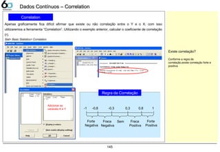 145
Dados Contínuos – CorrelationDados Contínuos – Correlation
Correlation
Apenas graficamente fica difícil afirmar que existe ou não correlação entre o Y e o X, com isso
utilizaremos a ferramenta “Correlation”. Utilizando o exemplo anterior, calcular o coeficiente de correlação
(r).
Stat> Basic Statistics> Correlation
Adicionar as
variáveis X e Y
Regra da Correlação
-1 -0,8 -0,3 10,80,3
Forte
Negativa
Forte
Positiva
Fraca
Positiva
Fraca
Negativa
Sem
Existe correlação?
Conforme a regra de
correlação,existe correlação forte e
positiva.
 