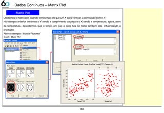 146
Dados Contínuos – Matrix PlotDados Contínuos – Matrix Plot
Matrix Plot
Utilizamos o matrix plot quando temos mais do que um X para verificar a correlação com o Y.
No exemplo anterior tínhamos o Y sendo a comprimento da peça e o X sendo a temperatura, agora, além
da temperatura, descobrimos que o tempo em que a peça fica no forno também esta influenciando a
produção.
Abrir o exemplo: “Matrix Plot.mtw”
Graph> Matrix Plot
Temp [°C]
Comp.[cm]
120115110105100
22
21
20
19
18
17
16
15
14
13
Tempo [s]
161514
Matrix Plot of Comp. [cm] vs Temp [°C]; Tempo [s]
 