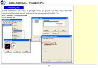 148
Dados Contínuos – Probability PlotDados Contínuos – Probability Plot
Probability Plot
Quando trabalhamos com dados de produção temos que garantir que estes sejam distribuídos
normalmente (Distribuição Normal), podemos verificar isso através do Probability Plot.
Abrir o exemplo: “Probability Plot.mtw”
Graph> Probability Plot
Adicionar as
variáveis
 