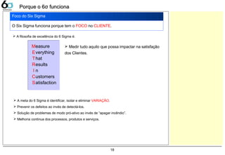 18
Porque o 6Porque o 6σ funcionaσ funciona
Foco do Six Sigma
O Six Sigma funciona porque tem o FOCO no CLIENTE.
 A filosofia de excelência do 6 Sigma é:
M
E
T
R
I
C
S
easure
verything
hat
esults
n
ustomers
atisfaction
 Medir tudo aquilo que possa impactar na satisfação
dos Clientes.
 A meta do 6 Sigma é identificar, isolar e eliminar VARIAÇÂO.
 Prevenir os defeitos ao invés de detectá-los.
 Solução de problemas de modo pró-ativo ao invés de “apagar incêndio”.
 Melhoria continua dos processos, produtos e serviços.
 