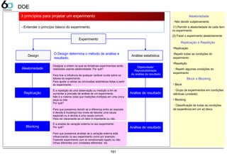 181
DOEDOE
3 princípios para projetar um experimento
- Entender o princípio básico do experimento.
Experimento
Design Análise estatística
Aleatoriedade
Replicação
Blocking
Objetividade/
Reprodutibilidade
da análise de resultado
Análise de resultado
Análise de resultado
Designar a ordem na qual as tentativas experimentais serão
realizadas usando aleatoriedade. Por quê?
Para tirar a influência de qualquer variável oculta sobre os
fatores do experimento.
Para ajudar a validar as conclusões estatísticas feitas a partir
do experimento.
É a repetição de uma observação ou medição a fim de
aumentar a precisão de análise de um experimento.
Não é a mesma coisa que medições múltiplas em uma única
peça ou lote.
Por quê?
Para que possamos decidir se a diferença entre as resposta
é devida á mudança nos níveis de fatores( uma causa
especial) ou é devida a uma causa comum.
Para ver claramente se um fator é importante ou não.
É a analise de variação externa no seu experimento
Por quê?
Para que possamos analisar se a variação externa está
influenciando no seu experimento como por exemplo :
Fazendo experimento com ar condicionado ligado ou não,
linhas diferentes com umidades diferentes etc.
O Design determina o método de análise e
resultado.
Replicação e Repetição
•Replicação
:Repetir todas as condições do
experimento
•Repetição
: Repetir algumas condições do
experimento
Block e Blocking
• Block
: Grupo de experimentos em condições
idênticas (unidade).
• Blocking
: Classificação de todas as condições
da experiência em um só bloco
Aleatoriedade
: Não decidir subjetivamente
(1) Permitir a aleatoriedade de cada item
no experimento
(2) Fazer o experimento aleatoriamente
 