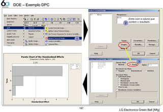 187
DOE – Exemplo DPCDOE – Exemplo DPC
Entre com a coluna que
contem o resultado
1
2
3
LG Electronics Green Belt [Mfg]
187
 