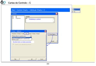 222
Stat > Control Charts > Attribute Charts > C …
Estabeleça a variável
Escolha todos os testes possíveis
Cartas de Controle – CCartas de Controle – C
 