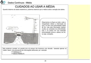 25
CUIDADOS AO USAR A MÉDIA
Observamos na figura ao lado, onde o
mergulhador obteve a informação de
que o rio tem uma profundidade média
de 5m, mas esta informação (média),
ocultou as variações de profundidade,
pois o rio possui em sua extensão
profundidades acima e abaixo de 5m,
ou seja, variações.
Quando tratamos de dados estatísticos, podemos observar que a média oculta a variação dos dados.
Nós podemos cometer um grande erro só porque nós tomamos uma decisão baseada apenas na
média. Assim, nós precisamos de informações adicionais, por exemplo:
 Variância (σ2
)
 Desvio Padrão (σ).
Dados Contínuos - MédiaDados Contínuos - Média
 