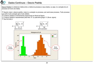 29
Dados Contínuos – Desvio PadrãoDados Contínuos – Desvio Padrão
Desvio Padrão é a distancia média entre a média do processo e seus dados, ou seja, é a variação de um
processo em torno da média.
 Quanto maior o desvio padrão, maior é a variação no processo, pior será esse processo. Todo processo
que sofre muita variação gera muito defeito.
 O desvio padrão é inversamente proporcional ao Nível de Sigma.
 O desvio padrão é representado pela letra “S” ou pela letra grega “σ” (lê-se: sigma)
 Sua formula é:
( )1n
XX
σ
2__
i
−






−
=
∑
( )N
XX
σ
2__
i∑ 





−
=
(para amostra) (para população)
Data
Frequency
242118151296
200
150
100
50
0
Variable
A
B
Histogram of A; B
Pouca
variação
Muita
variação
 
